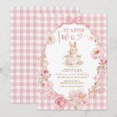 Gingham Bunny Tea Party Birthday Pink Bow Kaart (Voorkant / Achterkant)