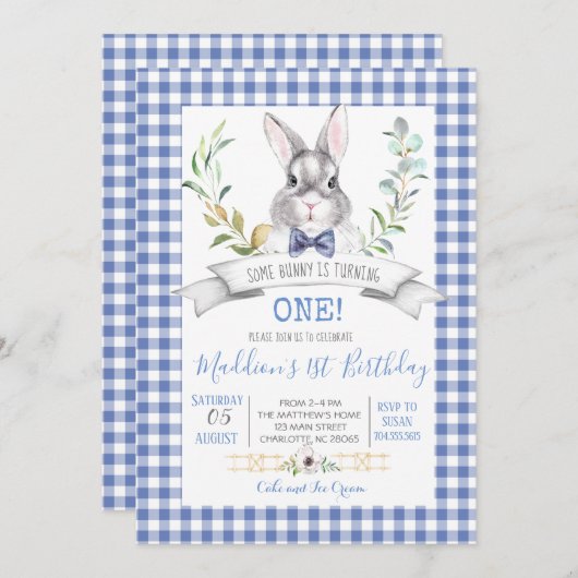 Gingham bunny verjaardagsuitnodiging kaart (Voorkant / Achterkant)