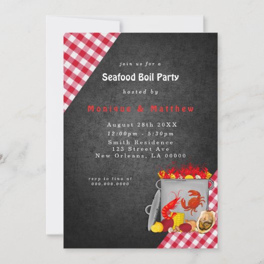 Gingham Chalkboard Seafood Boil Party Kaart (Voorkant)