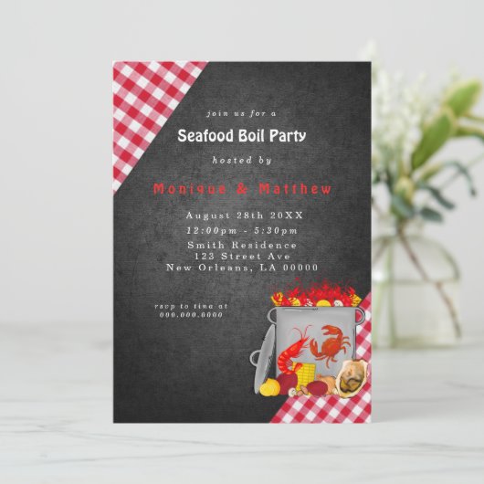 Gingham Chalkboard Seafood Boil Party Kaart (Staand voorkant)