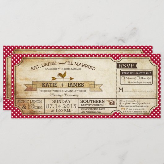 Gingham Check Country Picnic Weddenschap Frans Kaart (Voorkant / Achterkant)