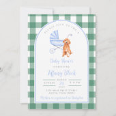Gingham Check Dog Boy Baby shower Invitation Kaart (Voorkant)