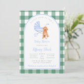 Gingham Check Dog Boy Baby shower Invitation Kaart (Staand voorkant)