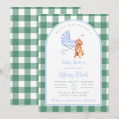 Gingham Check Dog Boy Baby shower Invitation Kaart (Voorkant / Achterkant)