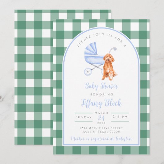 Gingham Check Dog Boy Baby shower Invitation Kaart (Voorkant / Achterkant)