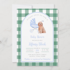 Gingham Check Dog Boy Baby shower Invitation Kaart