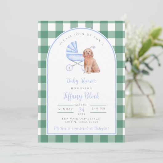 Gingham Check Dog Boy Baby shower Invitation Kaart (Staand voorkant)