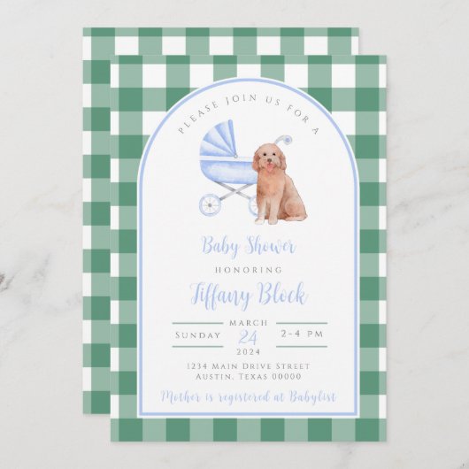 Gingham Check Dog Boy Baby shower Invitation Kaart (Voorkant / Achterkant)