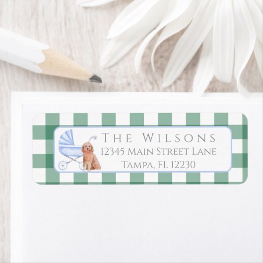 Gingham Check Dog Boy Baby shower Retouradres Etiket (Insitu)