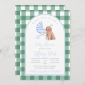 Gingham Check Hond Jongen Baby Shower Uitnodiging (Voorkant / Achterkant)