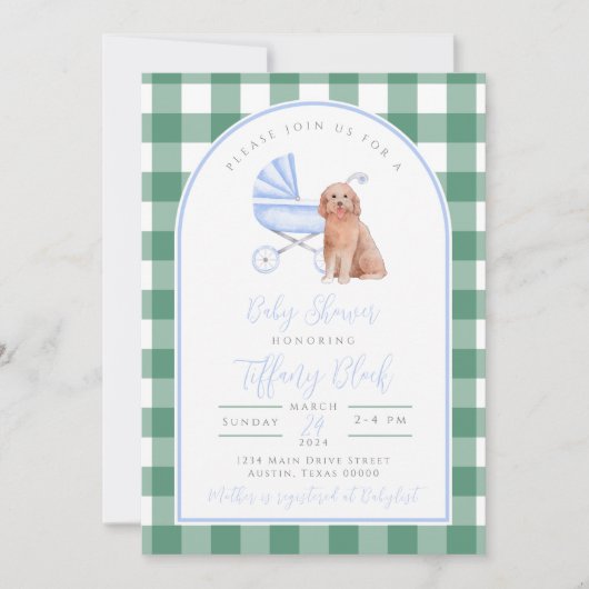 Gingham Check Hondenjongen Baby Shower Uitnodiging (Voorkant)