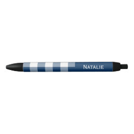 Gingham Check Navy Blau Aangepaste Naam Zwarte Inkt Pen