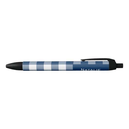 Gingham Check Navy Blue Custom Name  Zwarte Inkt Pen (Bovenkant)