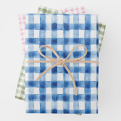 Gingham Check Patroon Blauw Roze Salie Groen Inpakpapier Vel (In situ)