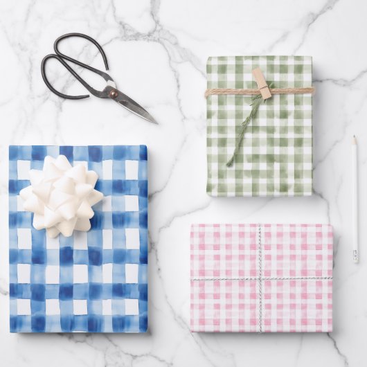 Gingham Check Patroon Blauw Roze Salie Groen Inpakpapier Vel (Voorkant)