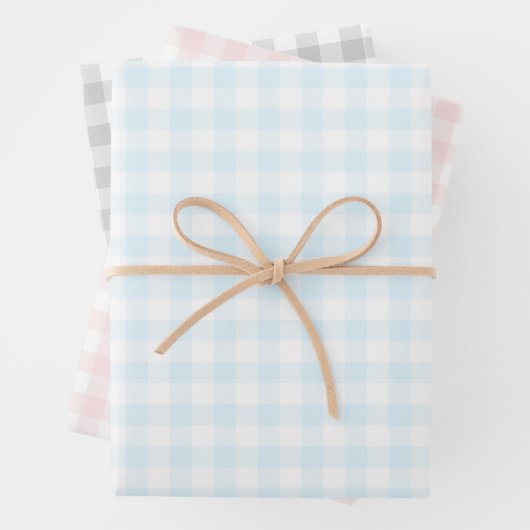 Gingham Check Pattern Plaid Lichtblauw Roze Grijs Inpakpapier Vel (In situ)