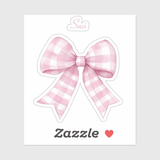 Gingham Check Pink Bow met naam Vinyl Sticker (Vel)