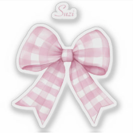 Gingham Check Roze Strik met Naam Vinyl Sticker