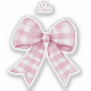 Gingham Check Roze Strik met Naam Vinyl Sticker