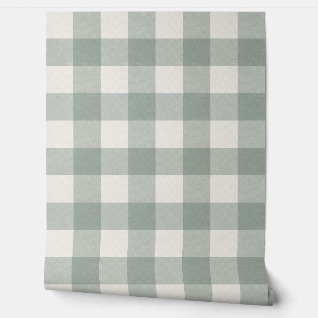 Gingham checkt plaid light sage groen groot behang (Afrollen)