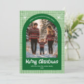 Gingham Christmas Green Custom Arch 5 Foto Feestdagenkaart (Staand voorkant)