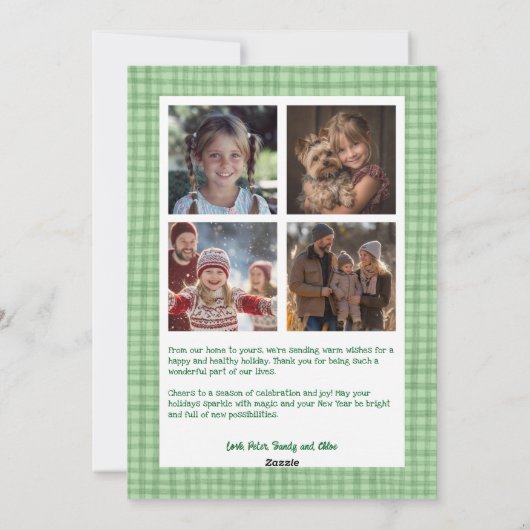 Gingham Christmas Green Custom Arch 5 Foto Feestdagenkaart (Achterkant)