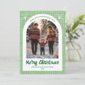 Gingham Christmas Green Custom Arch 5 Foto Feestdagenkaart (Staand voorkant)