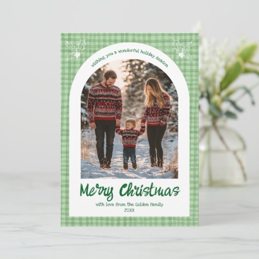 Gingham Christmas Green Custom Arch 5 Foto Feestdagenkaart (Staand voorkant)
