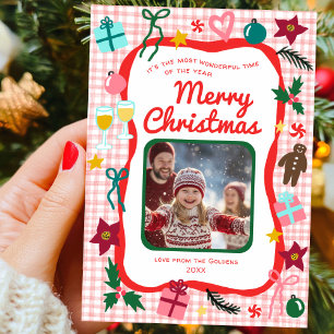 Gingham Christmas Quirky Whimsical CUSTOM FOTO Feestdagenkaart