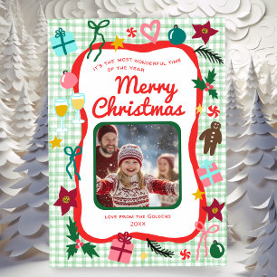 Gingham Christmas Quirky Whimsical CUSTOM FOTO Feestdagenkaart