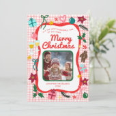 Gingham Christmas Quirky Whimsical CUSTOM FOTO Feestdagenkaart (Staand voorkant)