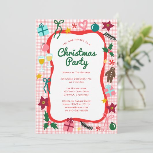 Gingham Christmas Quirky Whimsical CUSTOM Party Kaart (Staand voorkant)