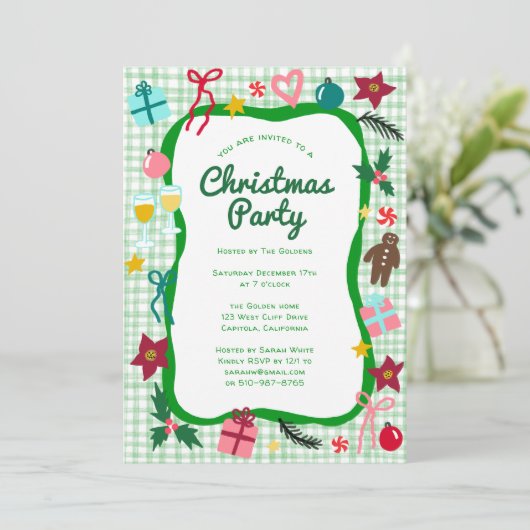 Gingham Christmas Quirky Whimsical CUSTOM Party Kaart (Staand voorkant)