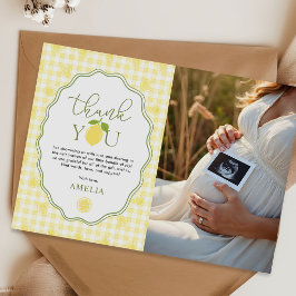 Gingham Citroen Sinaasappel Baby Shower Foto Bedan Bedankkaart
