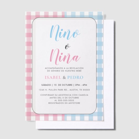 Gingham Classic Nino van Nina Spaanse geslachtsont Vellum Uitnodigingen (Offset)