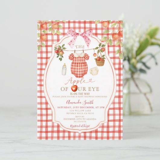 Gingham Clothesline Apple van ons Eye Baby shower Kaart (Staand voorkant)