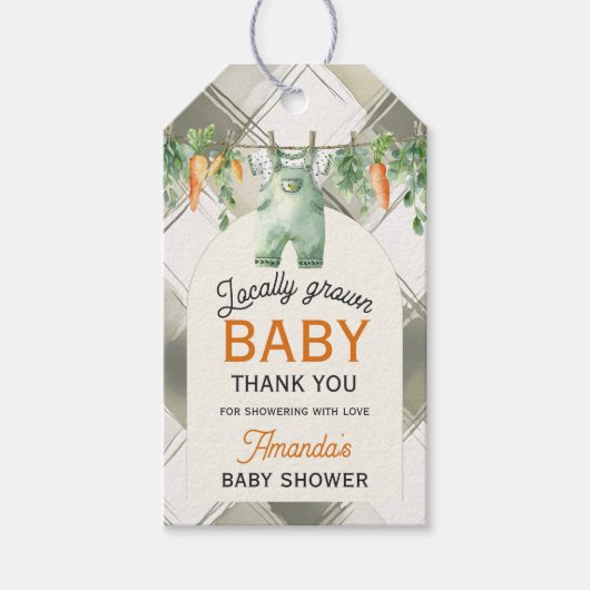 Gingham Clothesline Lokaal geteeld Baby shower Cadeaulabel (Voorkant)