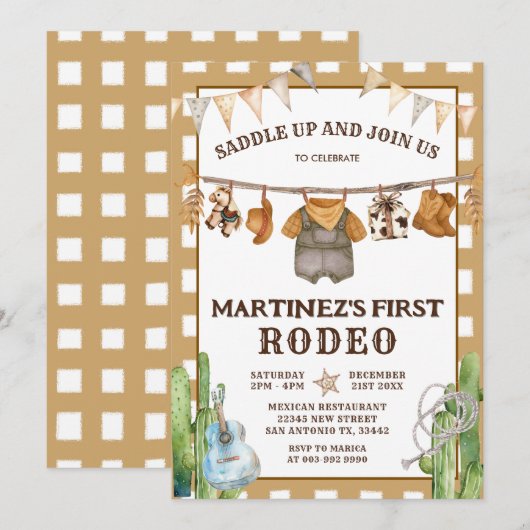 Gingham Clothesline Mijn eerste Rodeo Cowboy Verja Kaart (Voorkant / Achterkant)