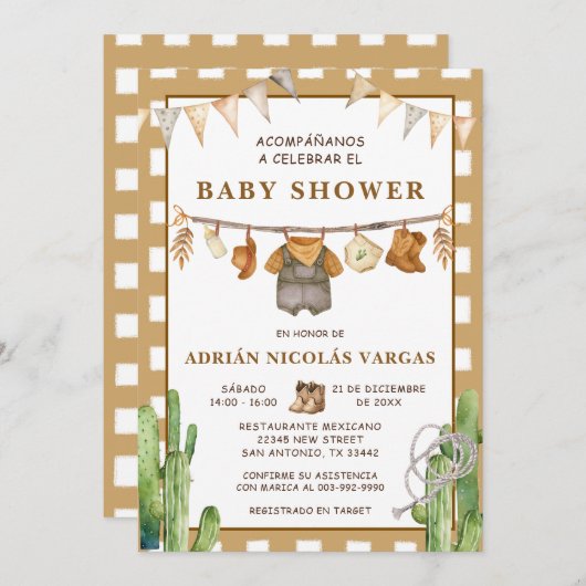 Gingham Clothesline Spaans Baby shower Kaart (Voorkant / Achterkant)