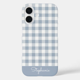 Gingham Coastal Plaid Preppy Check Blue White Name iPhone 16 Hoesje