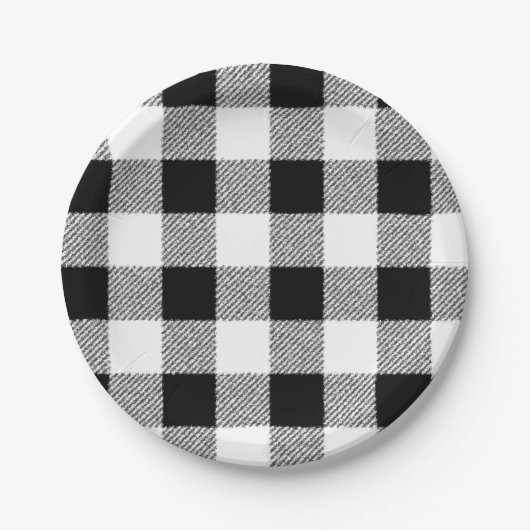 Gingham controlepatroon zwart-wit papieren bordje (Voorkant)