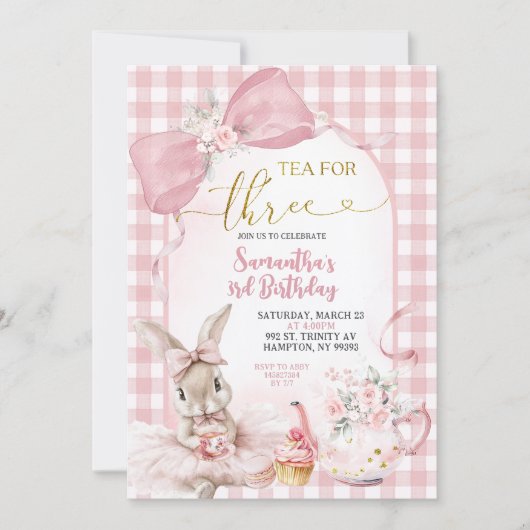 Gingham Coquette Pink Floral Bunny Third Birthday Kaart (Voorkant)