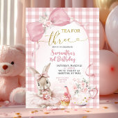 Gingham Coquette Pink Floral Bunny Third Birthday Kaart