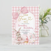 Gingham Coquette Roze Bloem Konijn Vierde Verjaard Kaart (Staand voorkant)