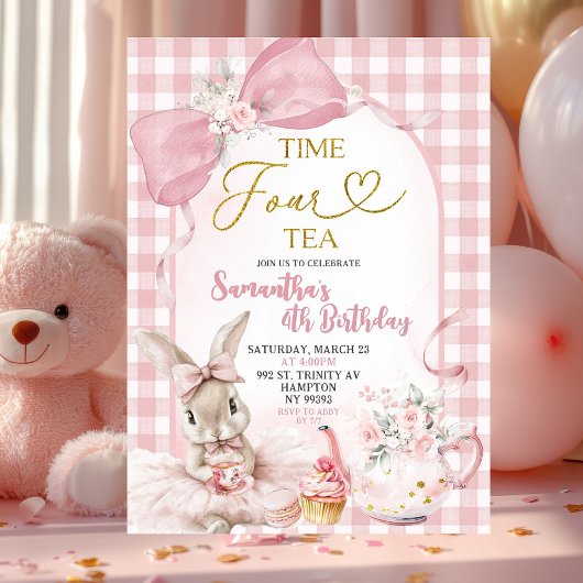 Gingham Coquette Roze Bloem Konijn Vierde Verjaard Kaart