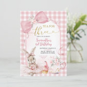Gingham Coquette Roze Bloemenkonijn Derde Verjaard Kaart (Staand voorkant)
