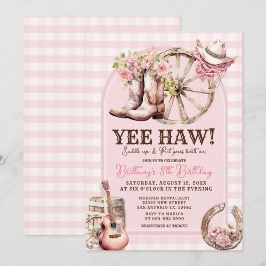 Gingham Cowgirl Western 8ste verjaardag Kaart (Voorkant / Achterkant)