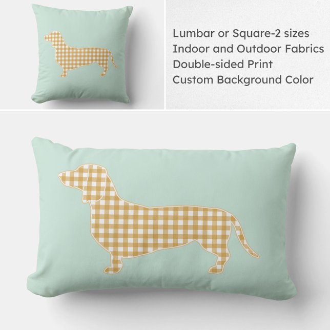 Gingham Dachshund Silhouet Kussen - Mint en Taupe (Gingham Dachshund lumbar or square pillow available in indoor and outdoor fabrics. Custom colors.)