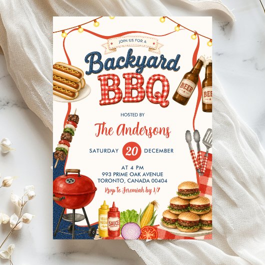 Gingham Denim achtertuin BBQ-feest uitnodiging 