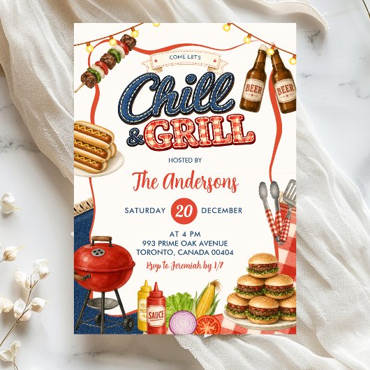 Gingham Denim Chill & Grill BBQ-feest uitnodiging